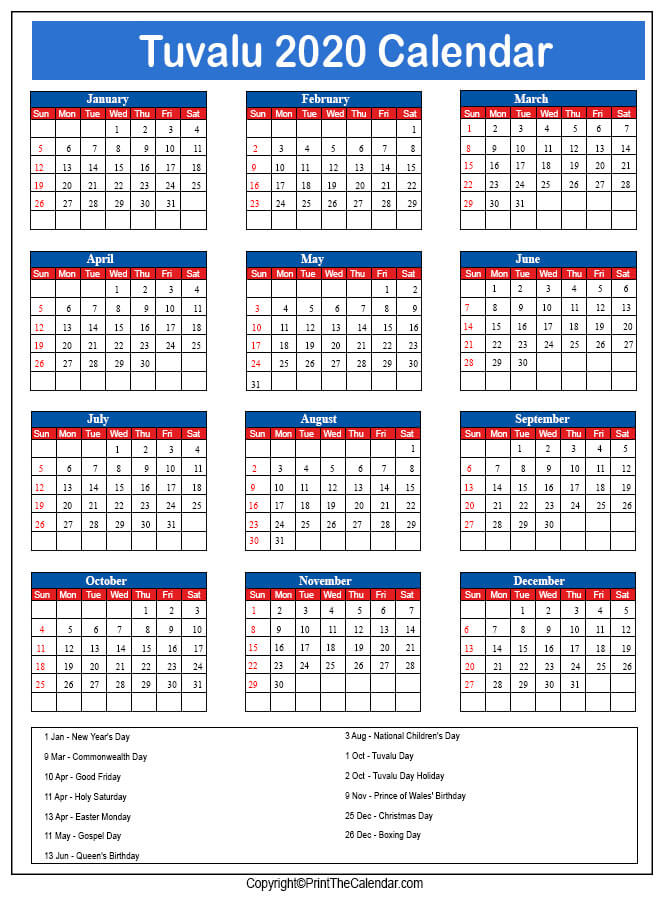 Tuvalu Printable Calendar 2020